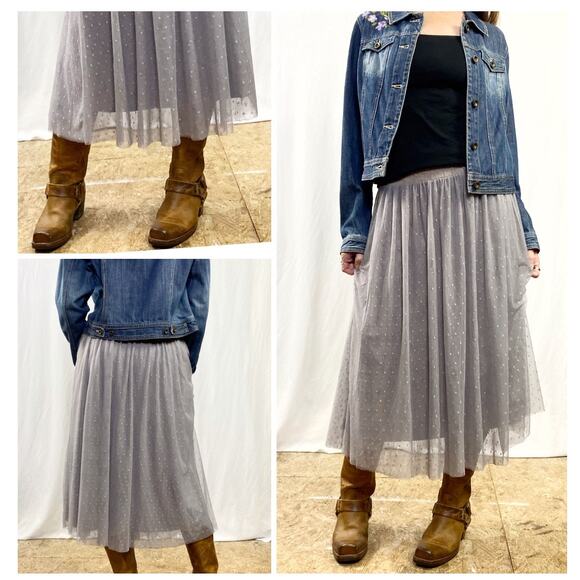 Garnet Hill Grey Tulle Flowy Polka Dot Midi Skirt Sz M - Picture 2 of 5